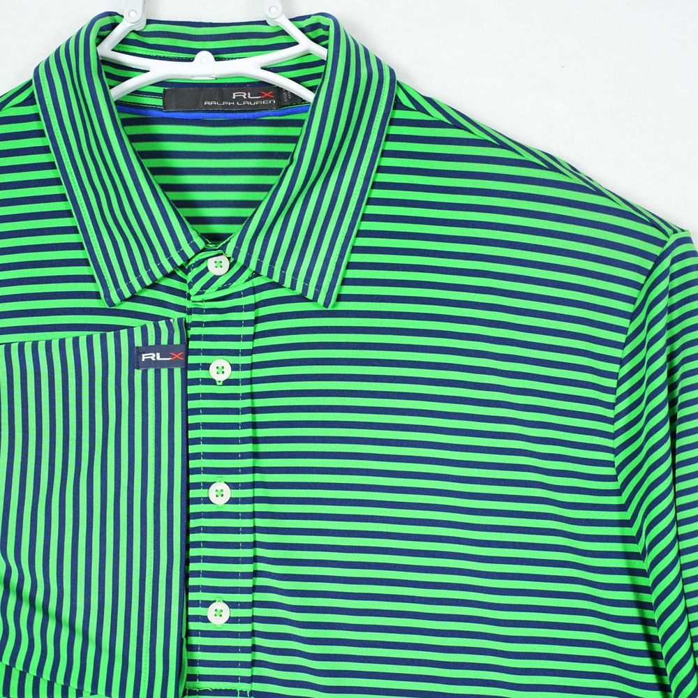 RLX Ralph Lauren Mens XL Green Navy Striped Performance Golf Polo Shirt Ironwood